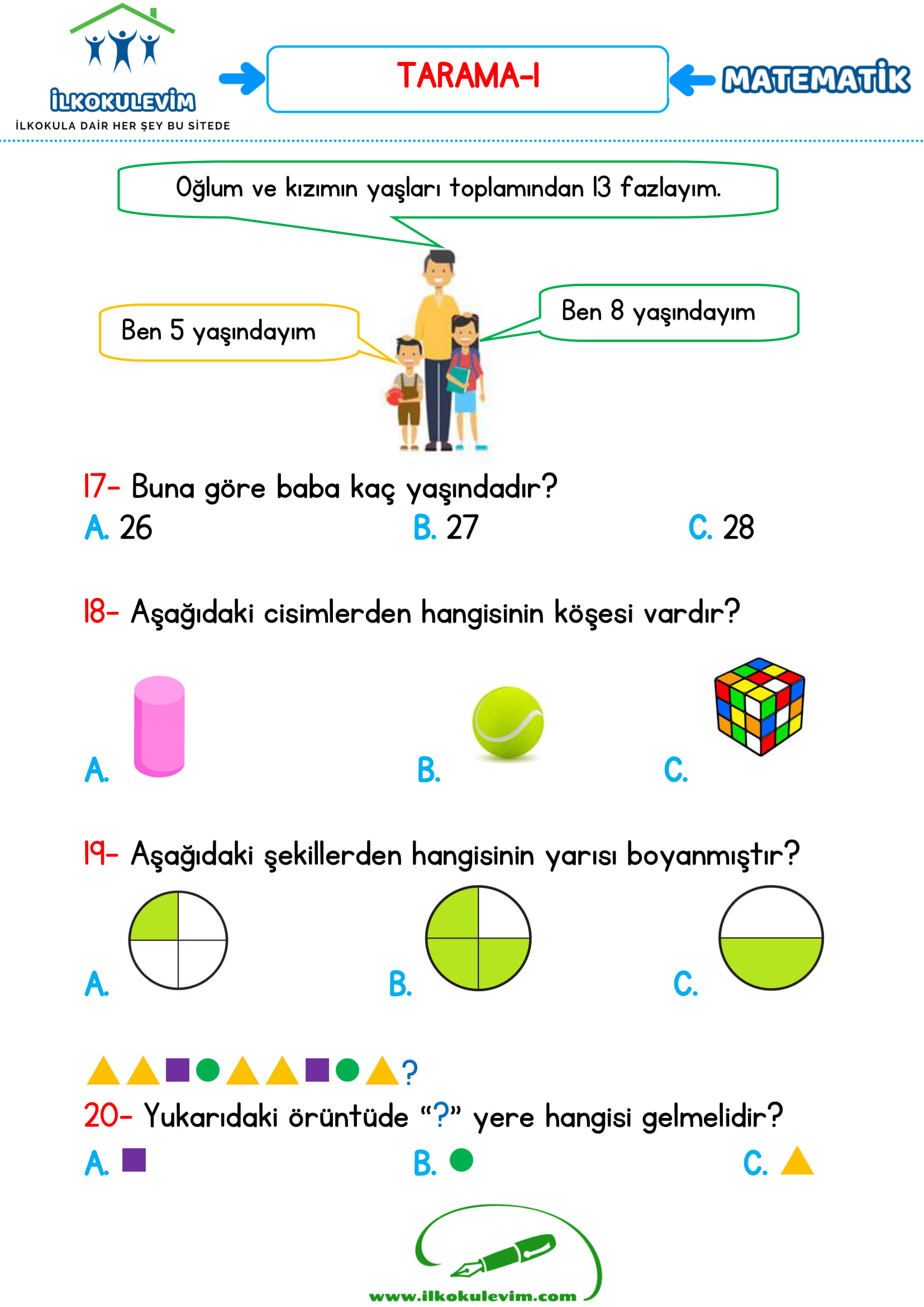 1.Sınıf 33 Soruluk Matematik Tarama Testi (Cevap Anahtarlı)