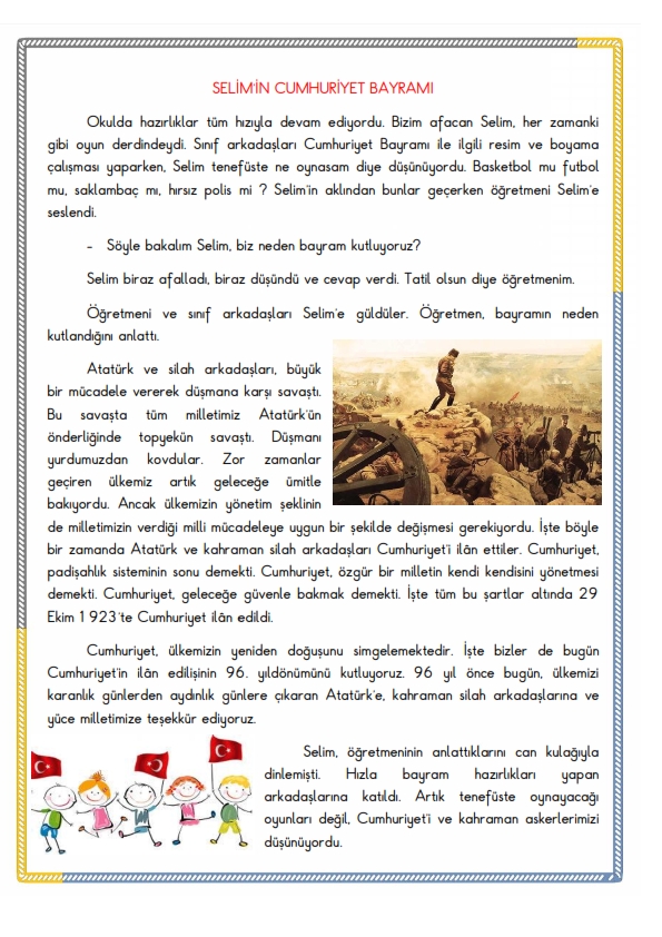 Okuma Anlama Çalışması 11 - Selim'in Cumhuriyet Bayramı