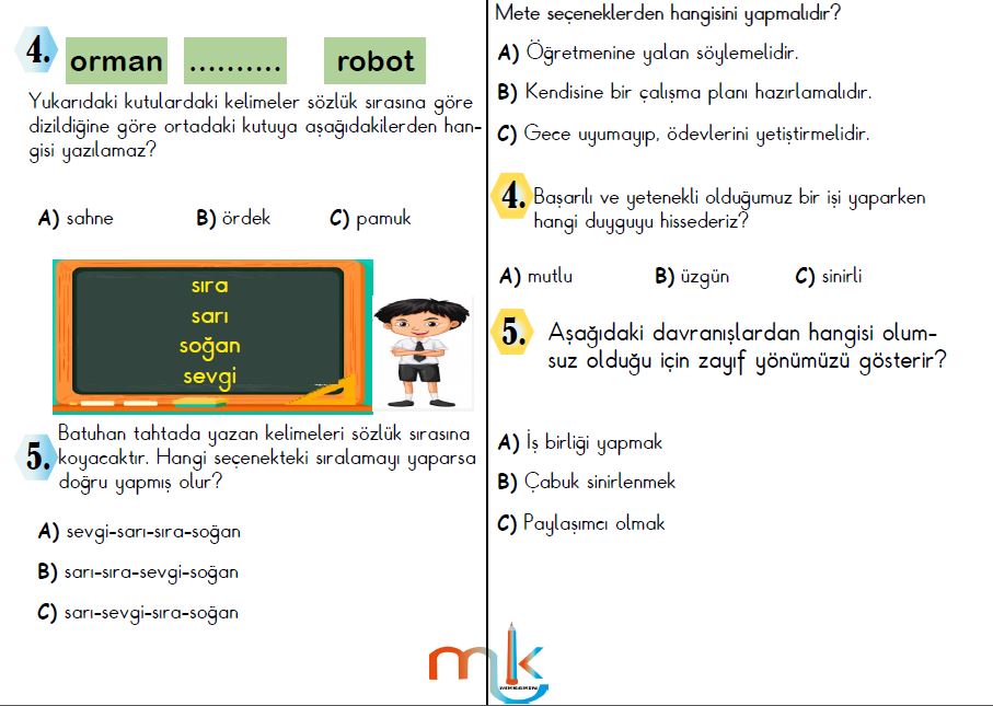 ETKİLEŞİMLİ 3.SINIF 1.KAZANIM DEĞERLENDİRME(21-25 EYLÜL)