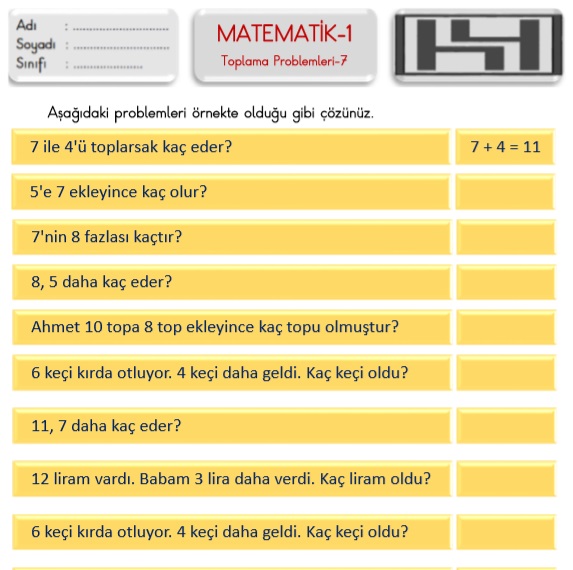 Toplama İşlemi Gerektiren Problemler-1-11 (Matematik-1)