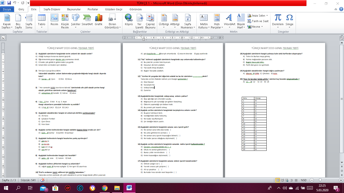 Türkçe 20 Soruluk Cevaplı  Test 2020