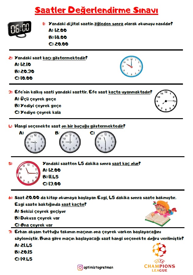 2. Sınıf Matematik Saatler Değerlendirme Sınavı (14 Soru)