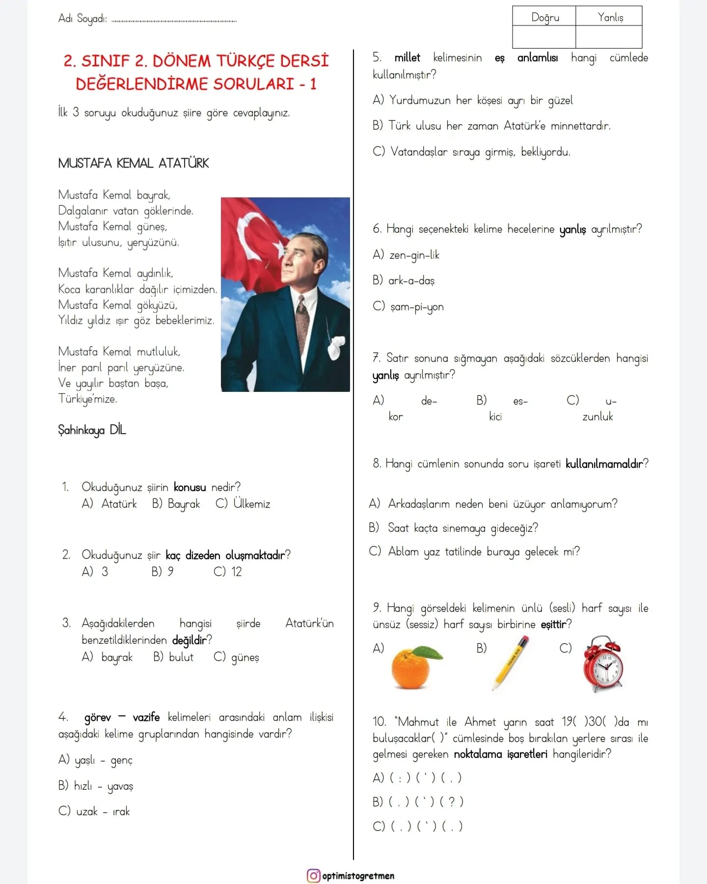 2. Sınıf 2. Dönem Türkçe Değerlendirme Sınavı - 1 (20 Soru)