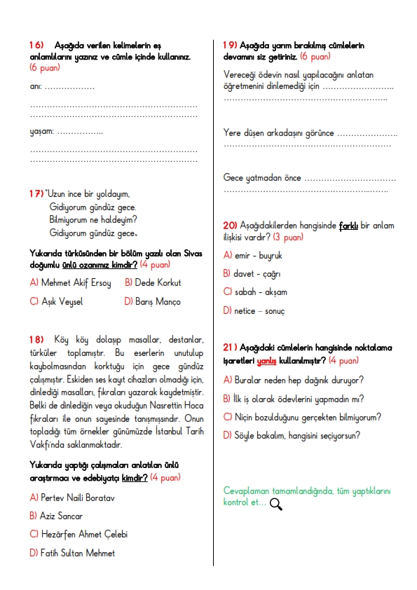 4.Sınıf Türkçe Dersi 2.Dönem 1.Yazılı Yoklama