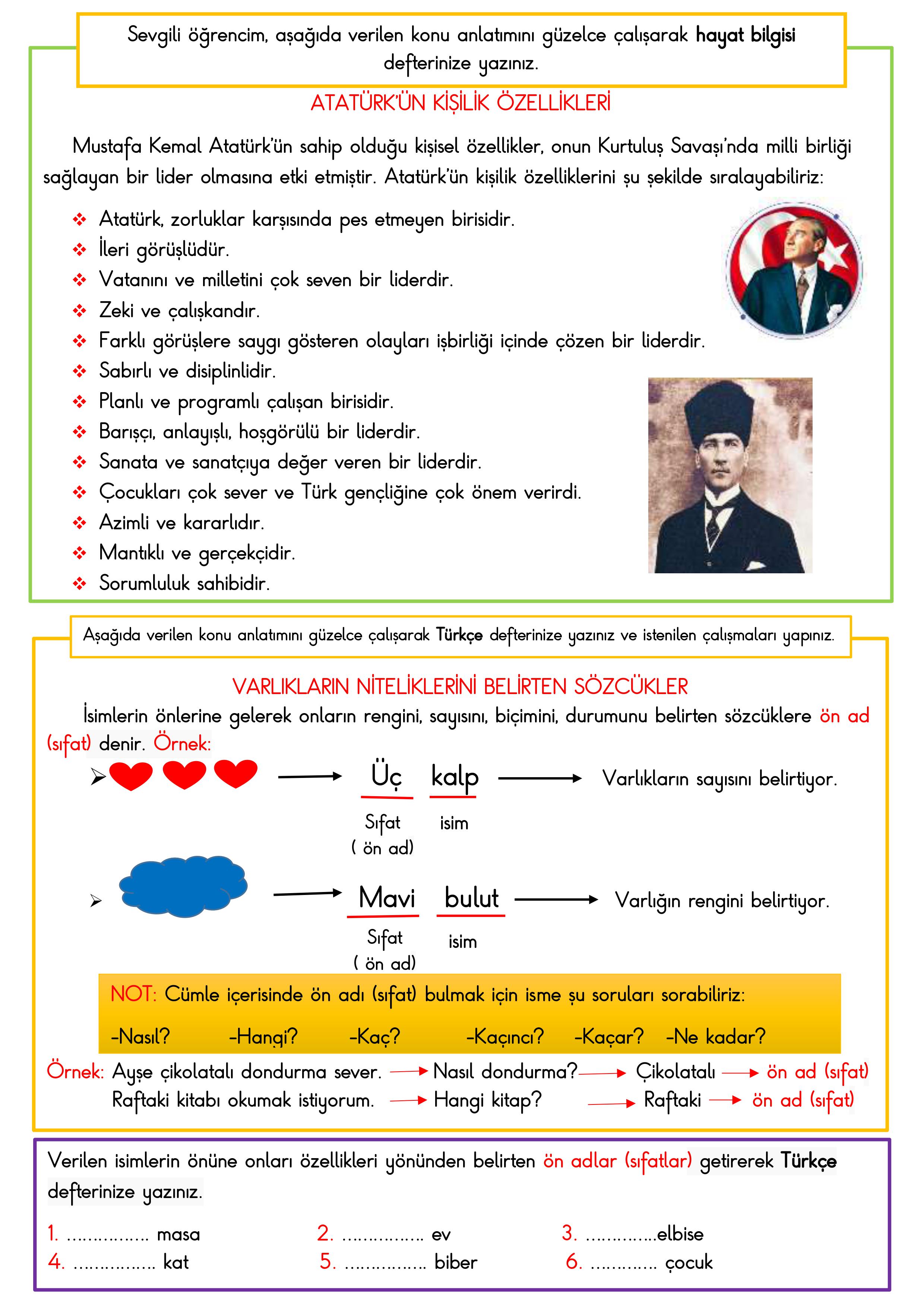 Atatürk'ün Kişilik özellikleri- sıfatlar konu anlatımı ödev