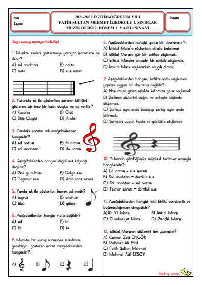 4. Sınıf Müzik Dersi 2. Dönem 1. Yazılı