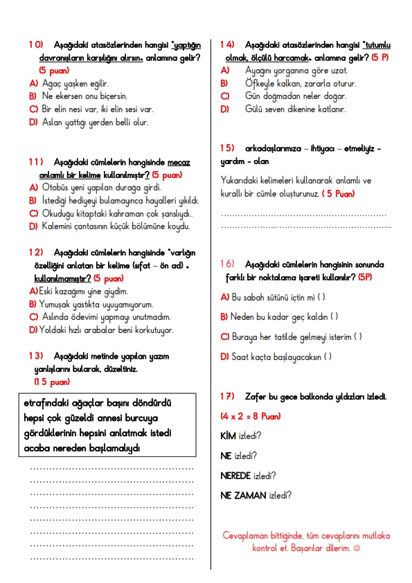 4.Sınıf Türkçe Dersi 1.Dönem 2.Yazılı Yoklama