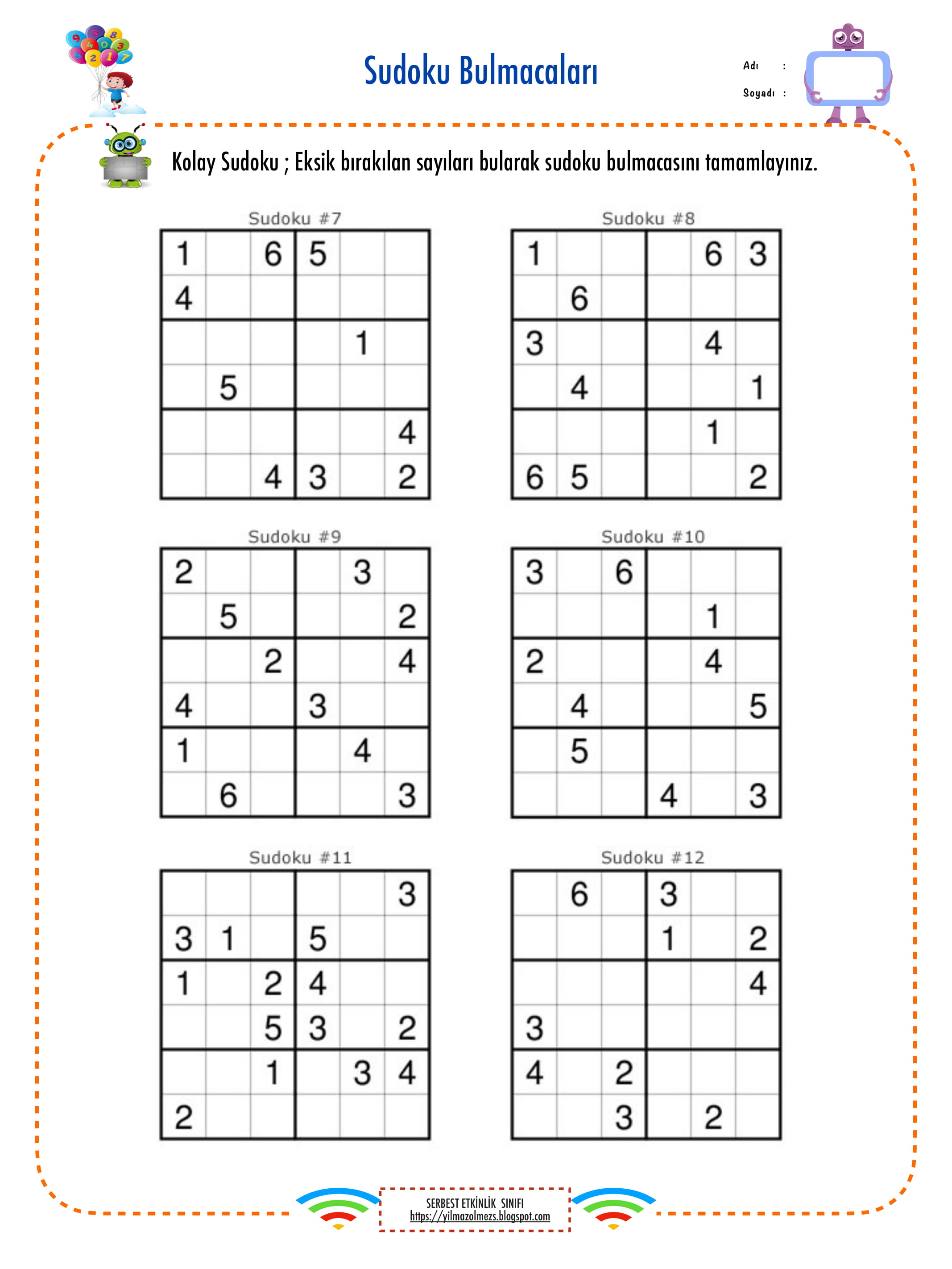 Sudoku Etkinlikleri Kolay 2. 6x6 