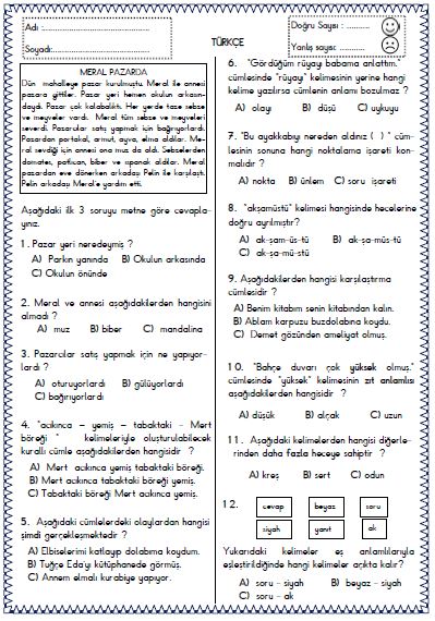 Türkçe - Test 9 ( Kelime , cümle , noktalama , eş anlam , zıt anlam )
