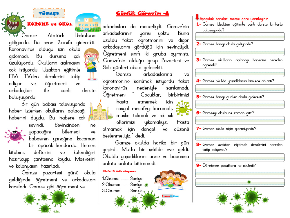 Günlük Görevim-8 (Türkçe) Korona ve  Okul  Okuma Anlama 2. ve 3.sınıf