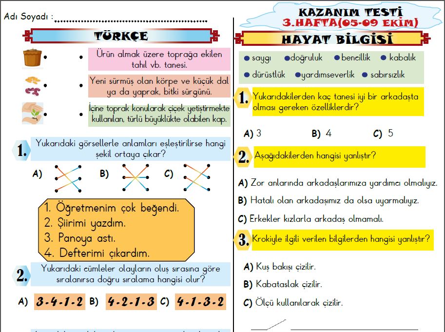 ETKİLEŞİMLİ 3.SINIF 3.KAZANIM DEĞERLENDİRME(05-09 EKİM)