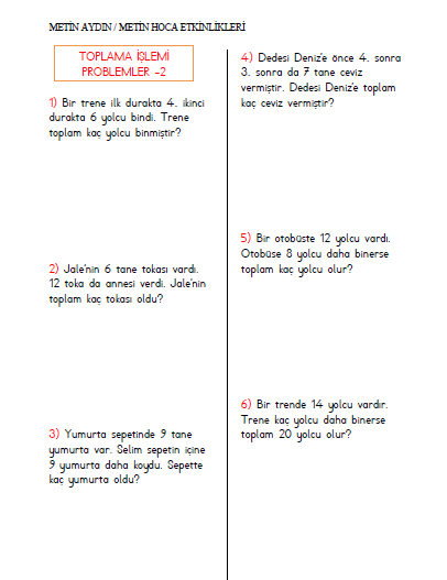 1. SINIF TOPLAMA İŞLEMİ PROBLEMLERİ -2