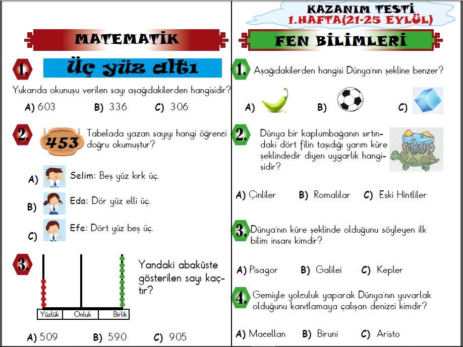 ETKİLEŞİMLİ 3.SINIF 1.KAZANIM DEĞERLENDİRME(21-25 EYLÜL)