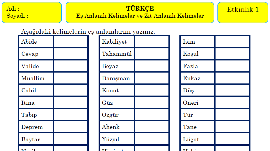 4. sınıf Türkçe eş ve zıt anlamlı kelimeler 1