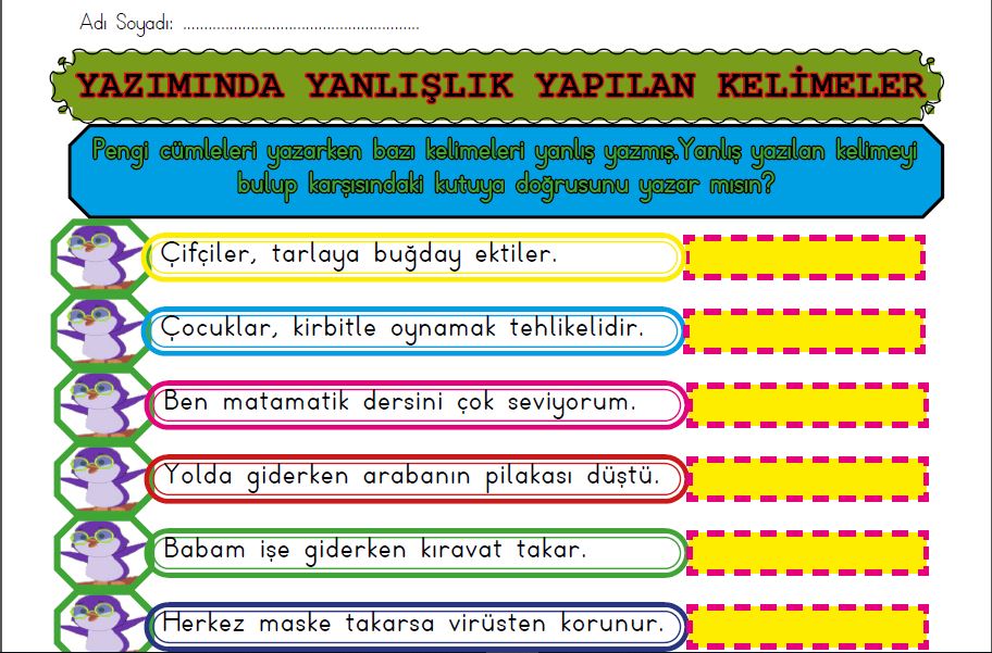 ETKİLEŞİMLİ 2.SINIF YAZARKEN SIKÇA YANLIŞLIK YAPILAN KELİMELER