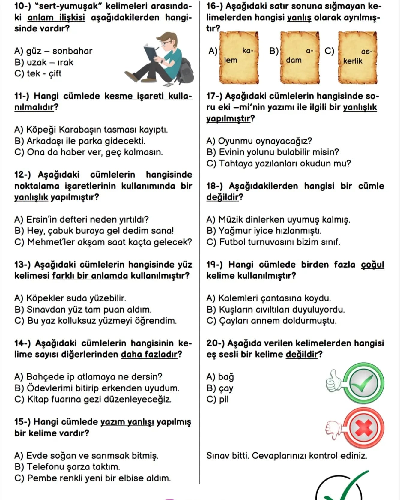 2. Sınıf Türkçe Yıl Sonu Kazanım Değerlendirme Sınavı (20 Soru)