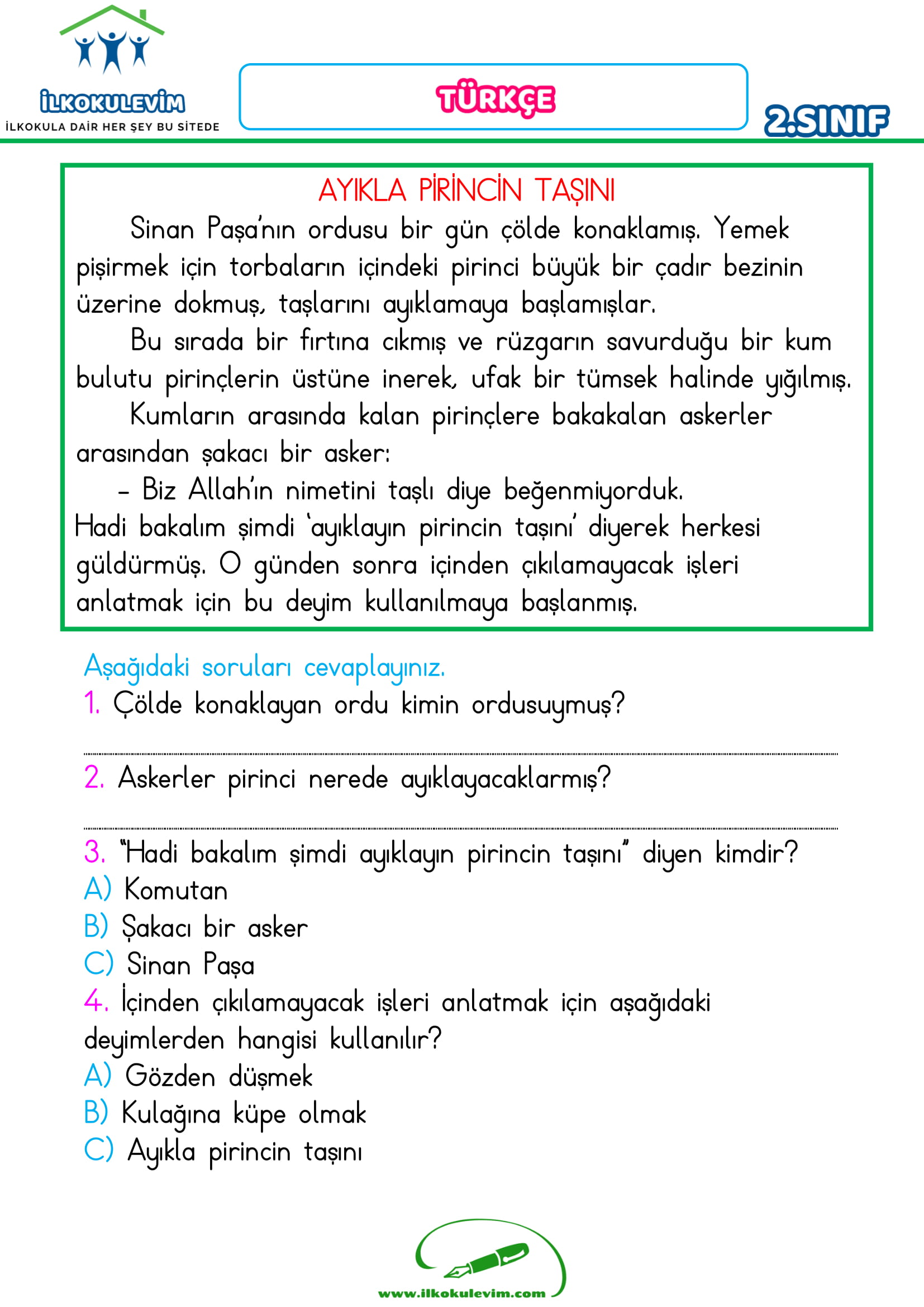 2.Sınıf Türkçe Okuma Anlama-Eş Sesli Kelime- Noktalama-Sebep/Sonuç Cüm