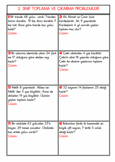 2. SINIF TOPLAMA ve ÇIKARMA PROBLEMLERİ 2 SAYFA