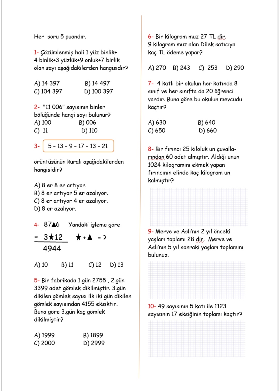 Matematik dersi 1.dönem 2.yazılı sınav örneği 