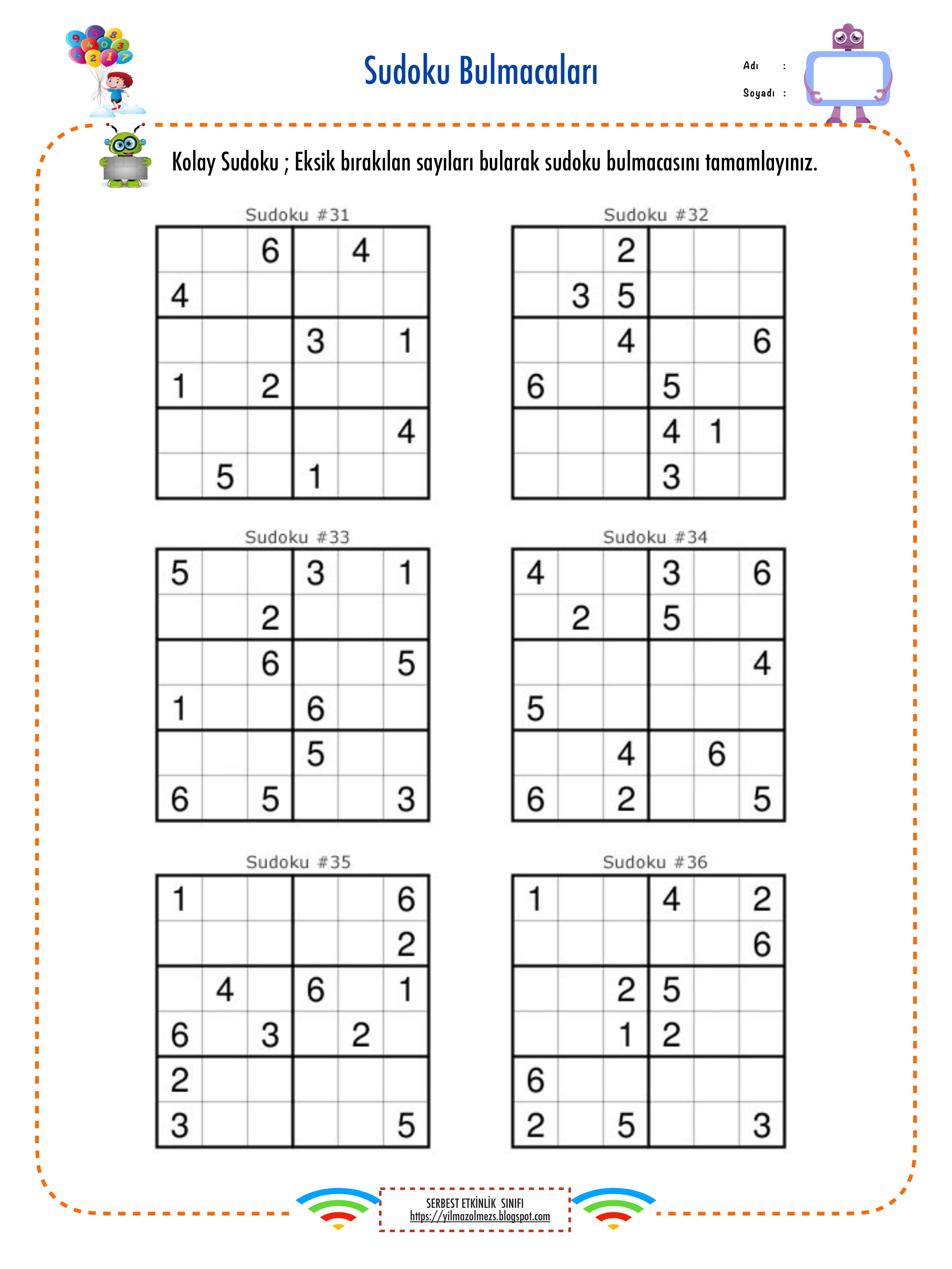 Sudoku Etkinlikleri Kolay 2. 6x6 