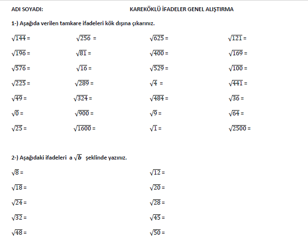 KAREKÖKLÜ İFADELER GENEL ALIŞTIRMA (pdf)