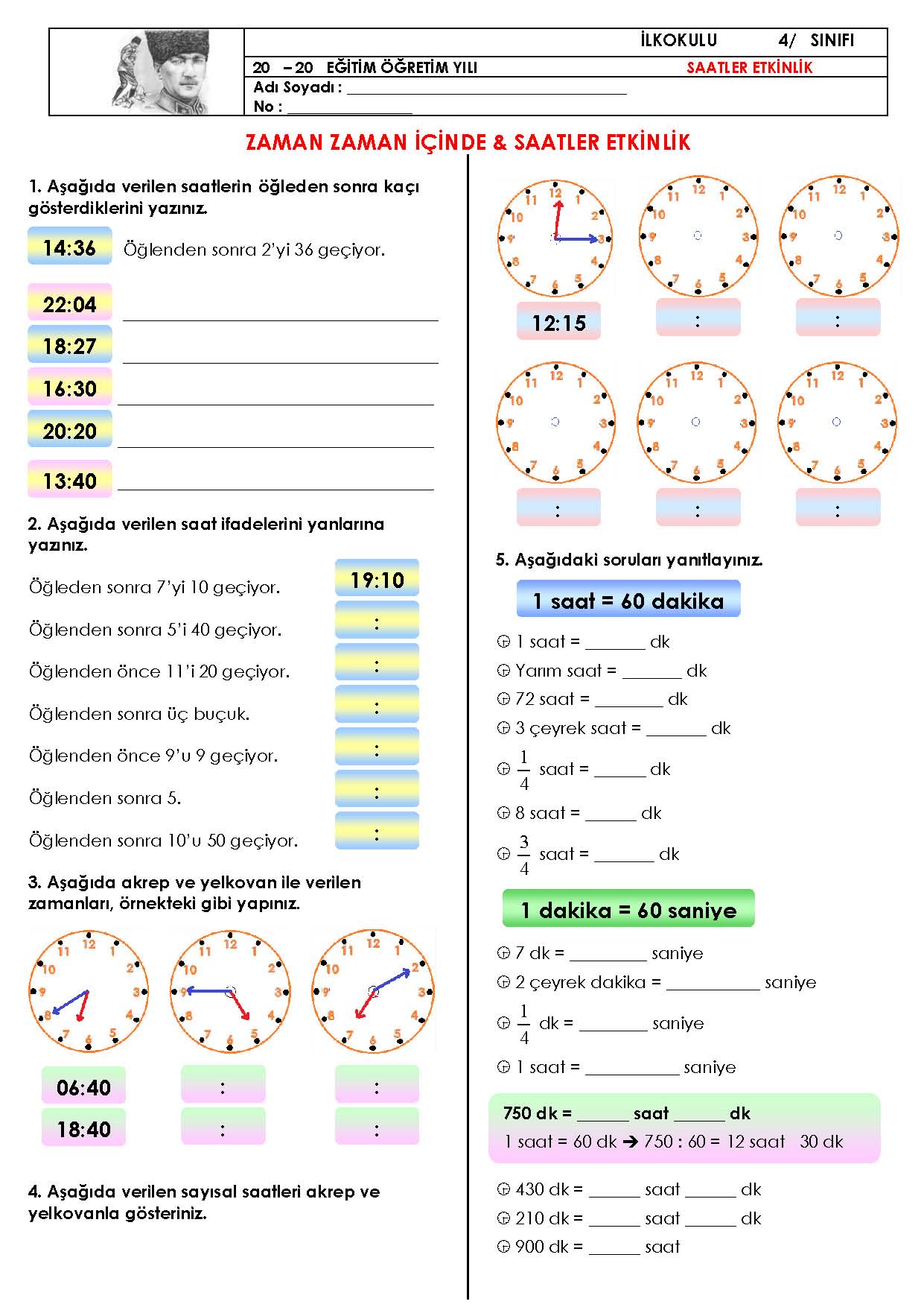 4. Sınıf Matematik Zaman Zaman İçinde Saatler Etkinliği