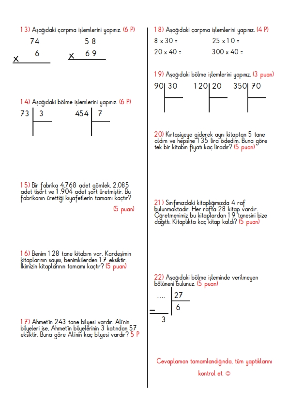 4.Sınıf Matematik Dersi 1.Dönem 2.Yazılı Yoklama