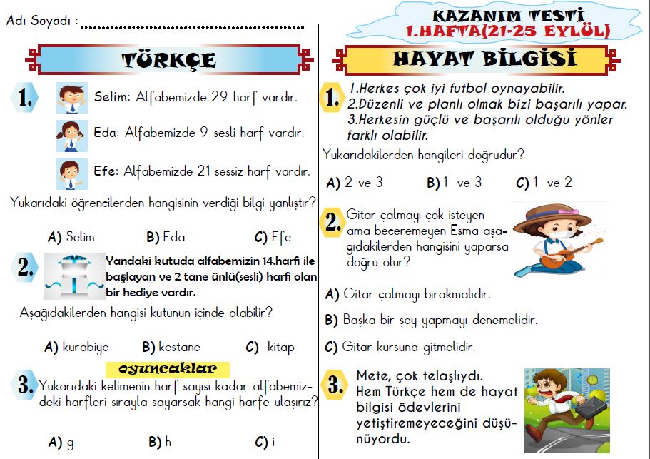 ETKİLEŞİMLİ 3.SINIF 1.KAZANIM DEĞERLENDİRME(21-25 EYLÜL)