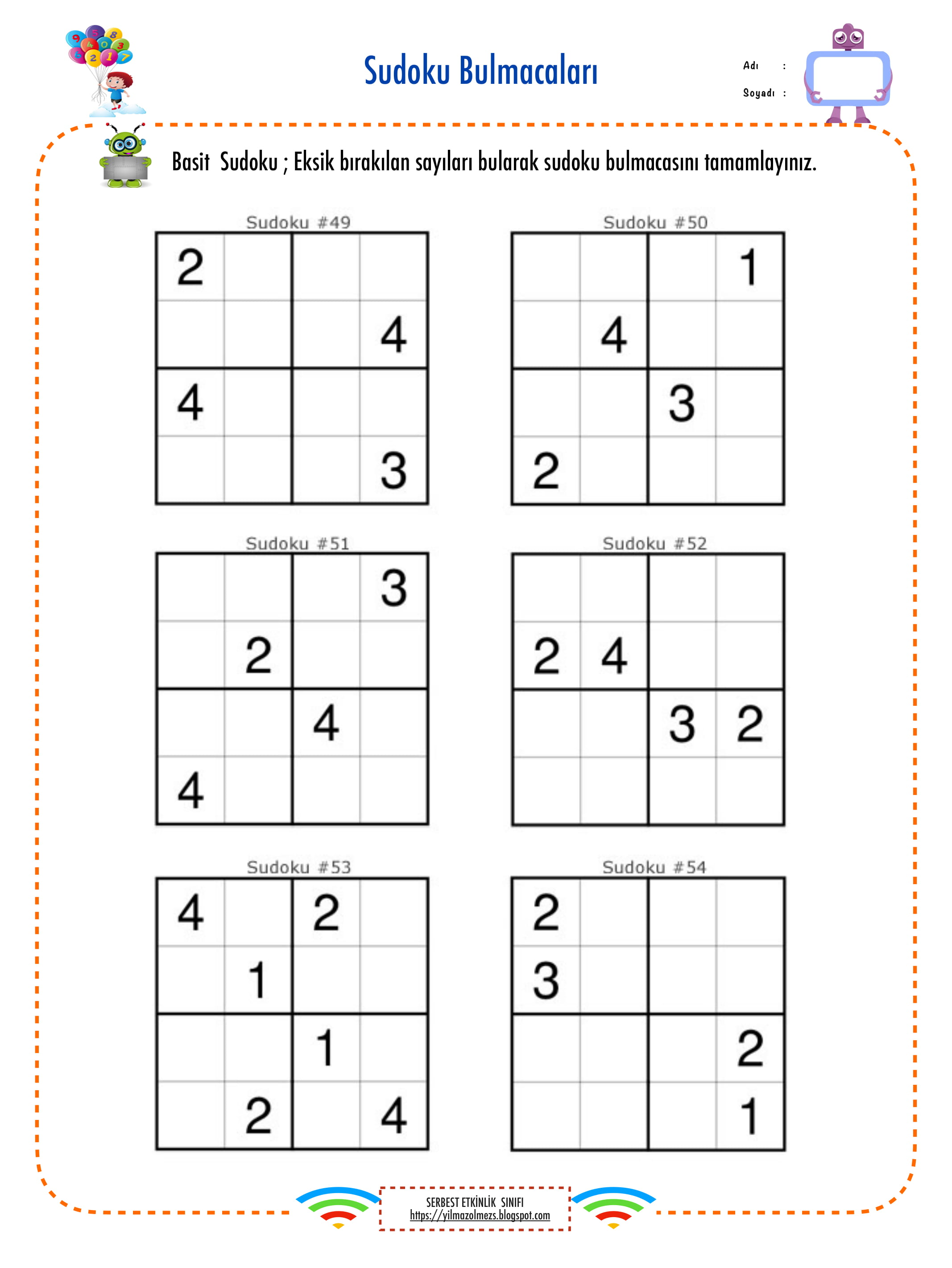 Sudoku Etkinlikleri Kolay 1 4x4