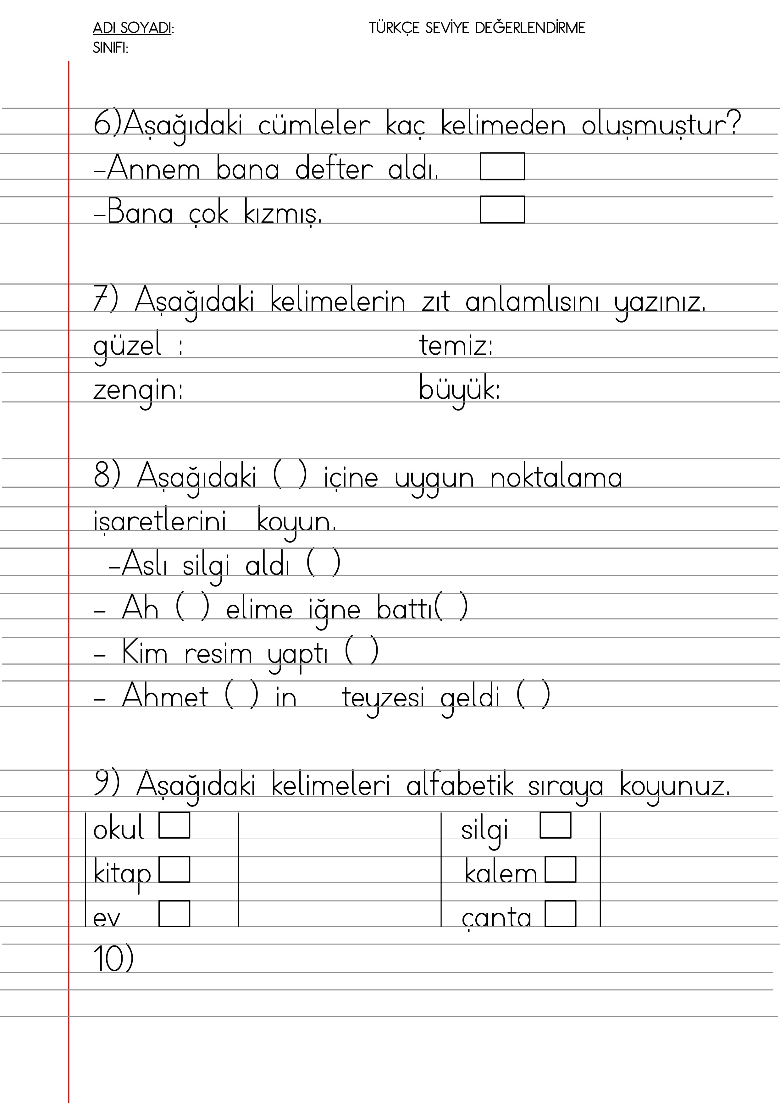 1. sınıf türkçe değerlendirme çalışması