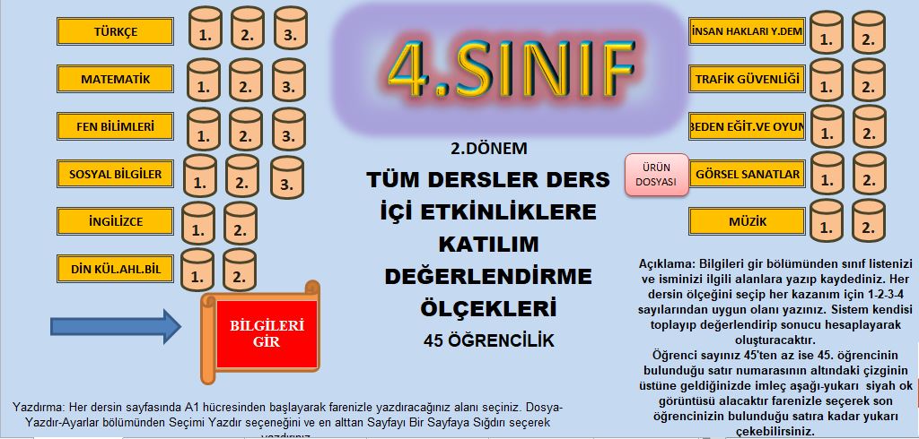 OTOMATİK HESAPLAMALI TÜM DERSLER DEĞERLENDİRME ÖLÇEKLERİ