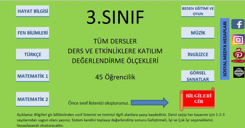 OTOMATİK HESAPLAMALI TÜM DERSLER DEĞERLENDİRME ÖLÇEKLERİ