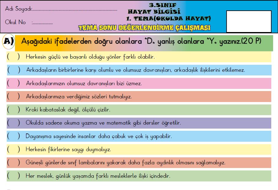 ETKİLEŞİMLİ HAYAT BİLGİSİ 1.TEMA(OKULDA HAYAT) DEĞERLENDİRME ÇALIŞMASI