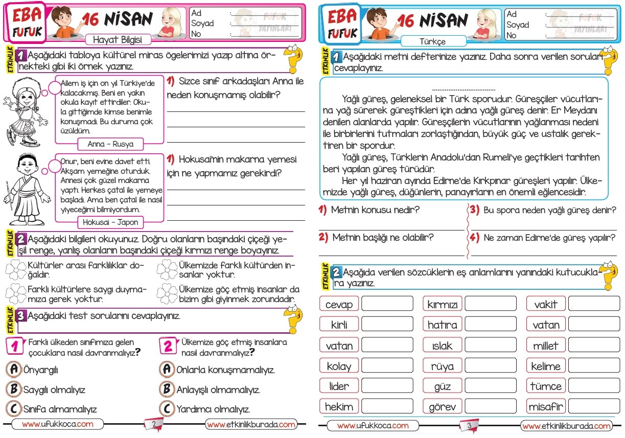 16 NİSAN - FUFUK GÜNLÜK ÖDEV - EBA TV İLE UYUMLU