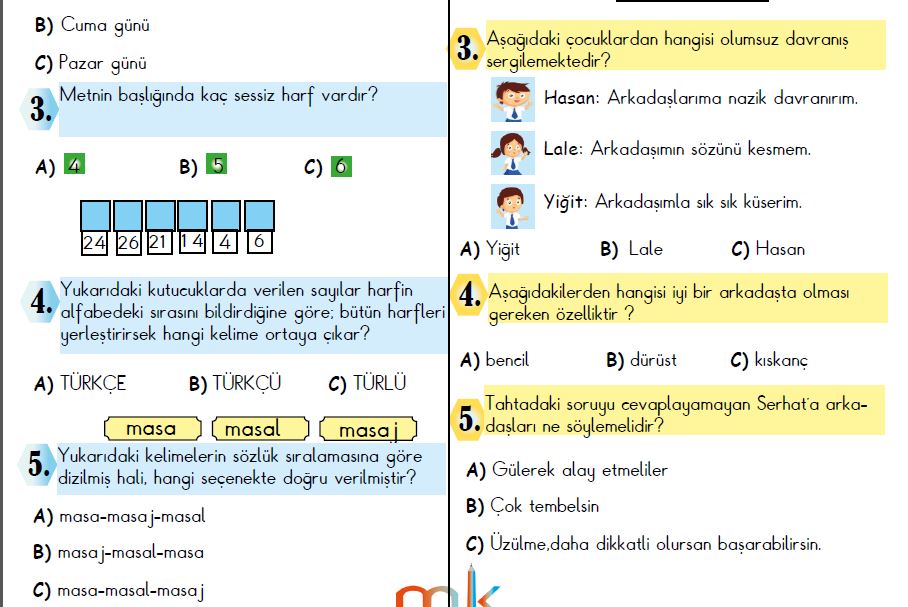 ETKİLEŞİMLİ 3.SINIF 2.KAZANIM DEĞERLENDİRME(28 EYLÜL-02 EKİM)