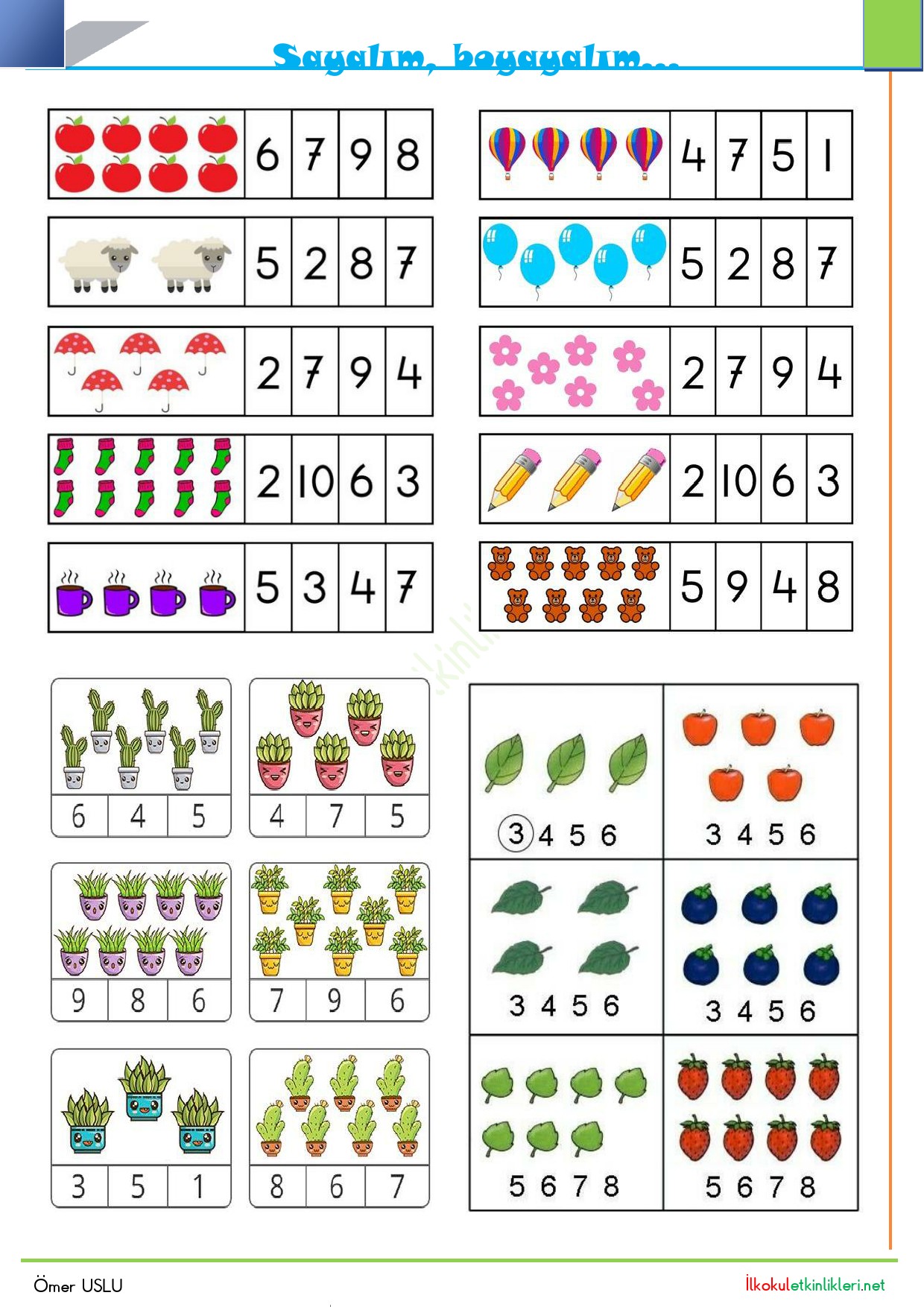 1. Sınıf Matematik 1 - 10 arasındaki nesnler sayalım boyayalım