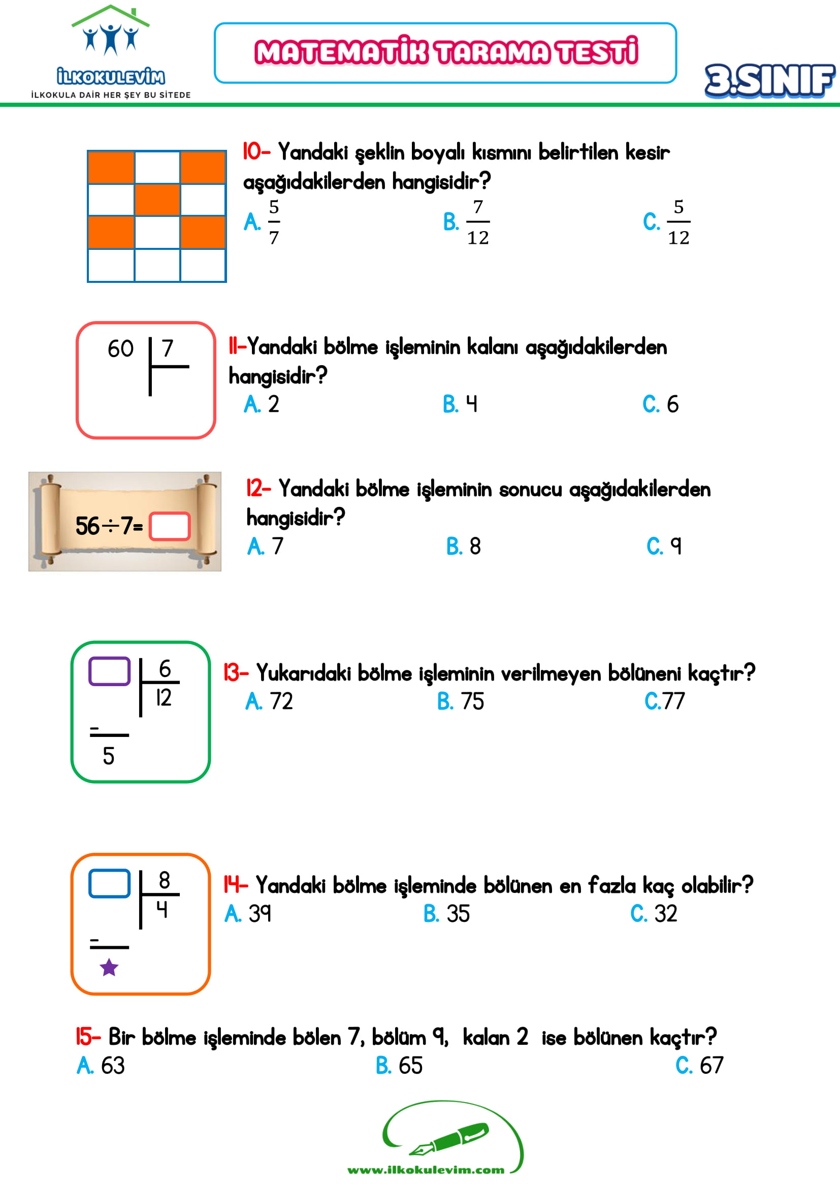 3.Sınıf Matematik Tarama Testi (27 Soru-Cevap Anahtarlı)