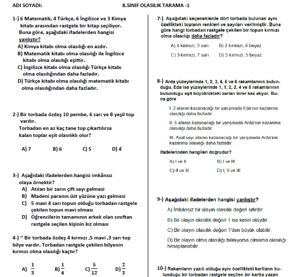 OLASILIK TARAMA - 1 ( Pdf etkileşimli zipgrade formlu) cevaplı