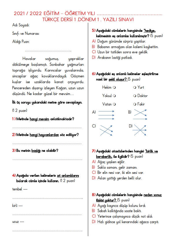 4.Sınıf Türkçe Dersi 1.Dönem 1.Yazılı Yoklama