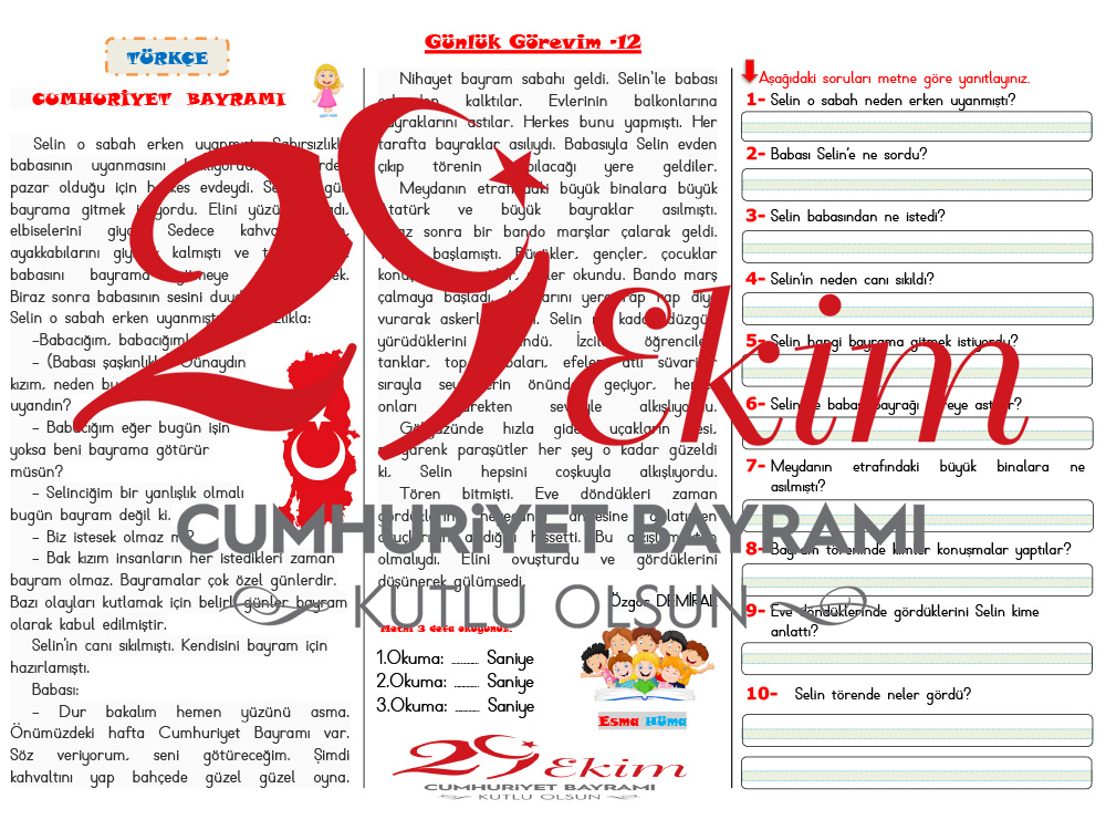 Günlük Görevim-12 (Türkçe) Cumhuriyet Bayramı Metni Okuma Anlama