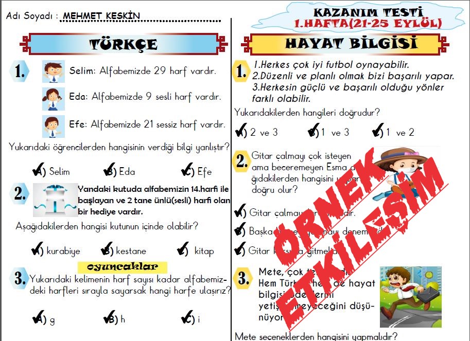 ETKİLEŞİMLİ 3.SINIF 1.KAZANIM DEĞERLENDİRME(21-25 EYLÜL)