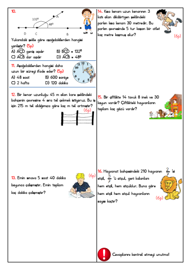 4. Sınıf Matematik 2. Dönem 2. Yazılı Soruları (pdf)