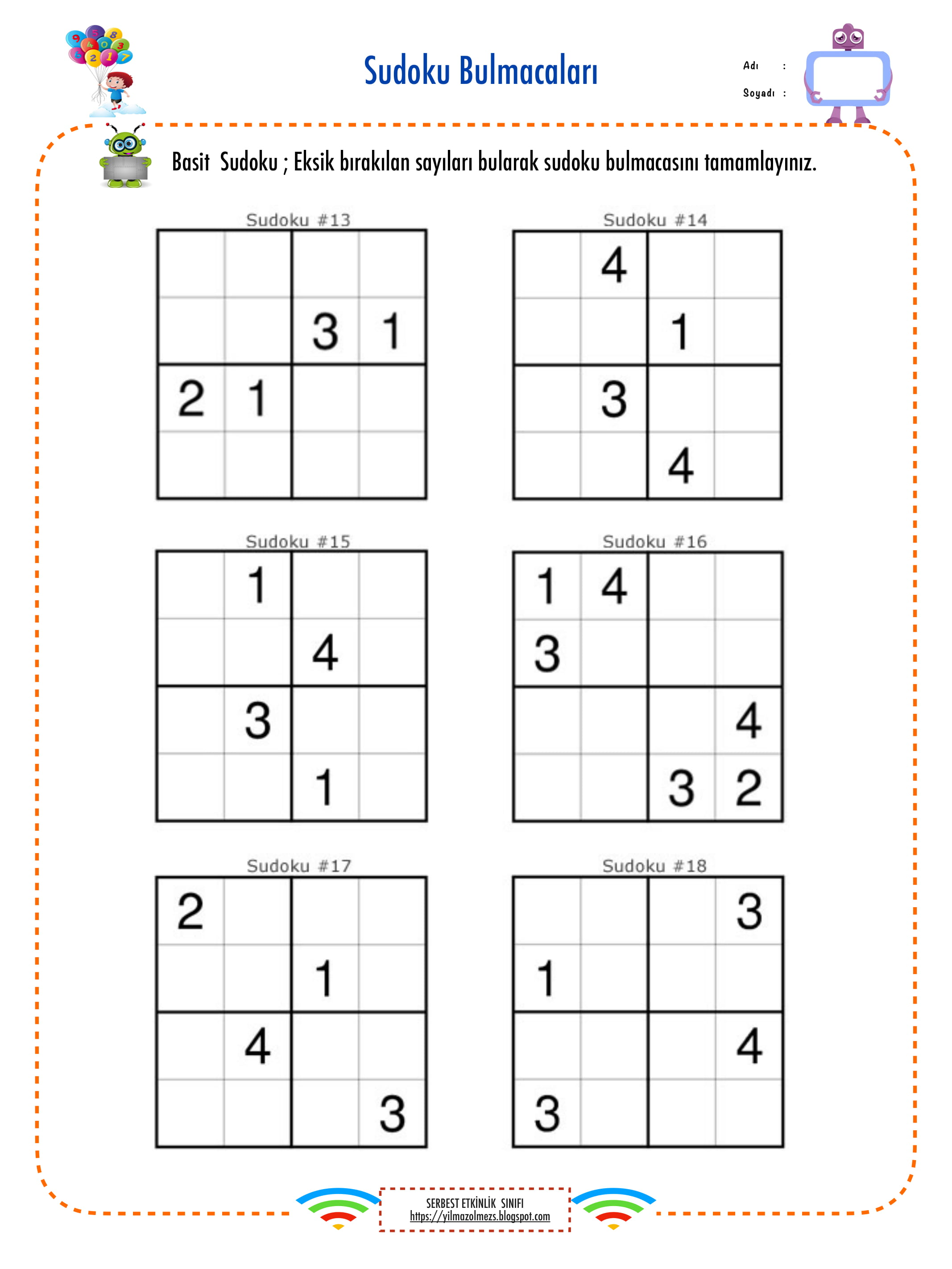 Sudoku Etkinlikleri Kolay 1 4x4