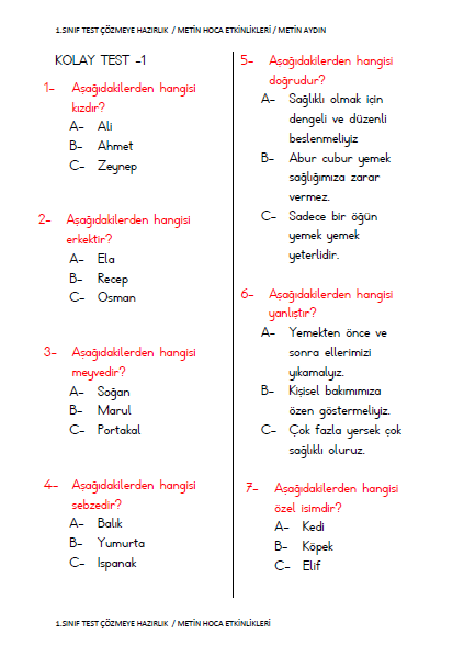 1. SINIF TEST ÇÖZMEYE HAZIRLIK