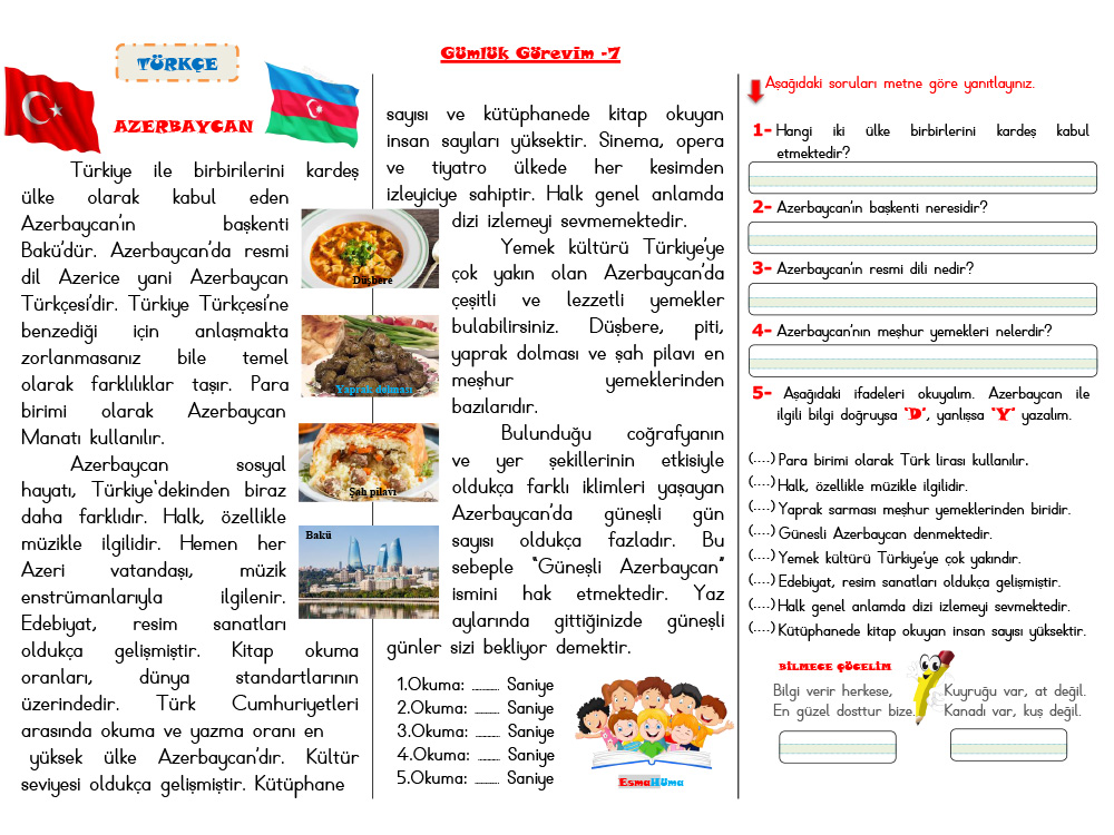 Günlük Görevim-7 (Türkçe) Azerbaycan Metni  Okuma Anlama 2. ve 3.sınıf