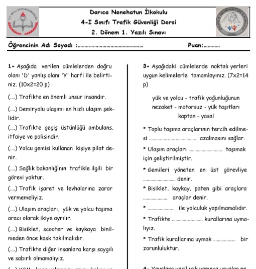 Trafik Güvenliği 2. Dönem 1. Yazılı Sınavı