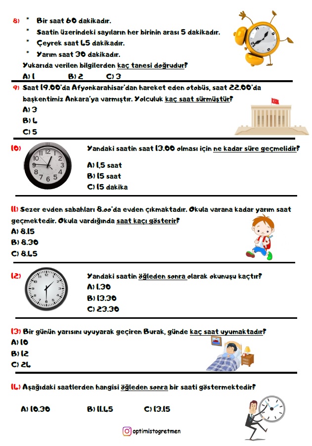2. Sınıf Matematik Saatler Değerlendirme Sınavı (14 Soru)