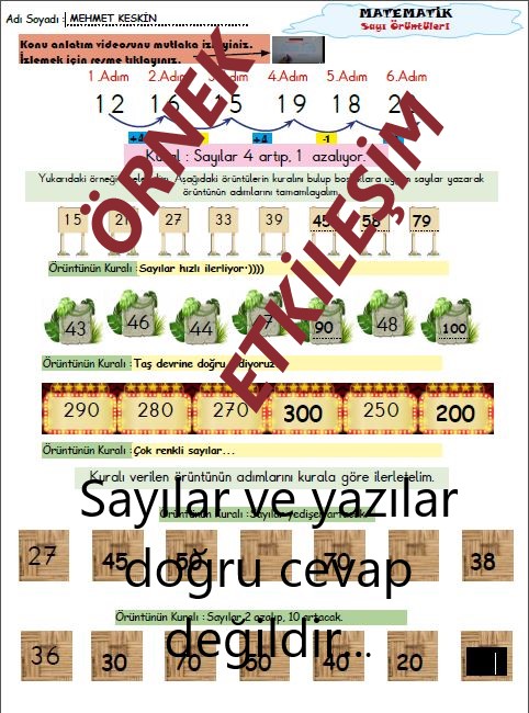 ETKİLEŞİMLİ MATEMATİK SAYI ÖRÜNTÜLERİ ETKİNLİĞİ+VİDEO KONU ANLATIMLI