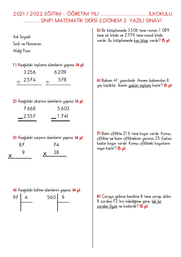 4. Sınıf Matematik Dersi 2.Dönem 2.Yazılı Yoklama