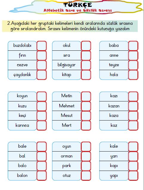 ETKİLEŞİMLİ TÜRKÇE ALFABETİK SIRA VE SÖZLÜK SIRASI ETKİNLİĞİ